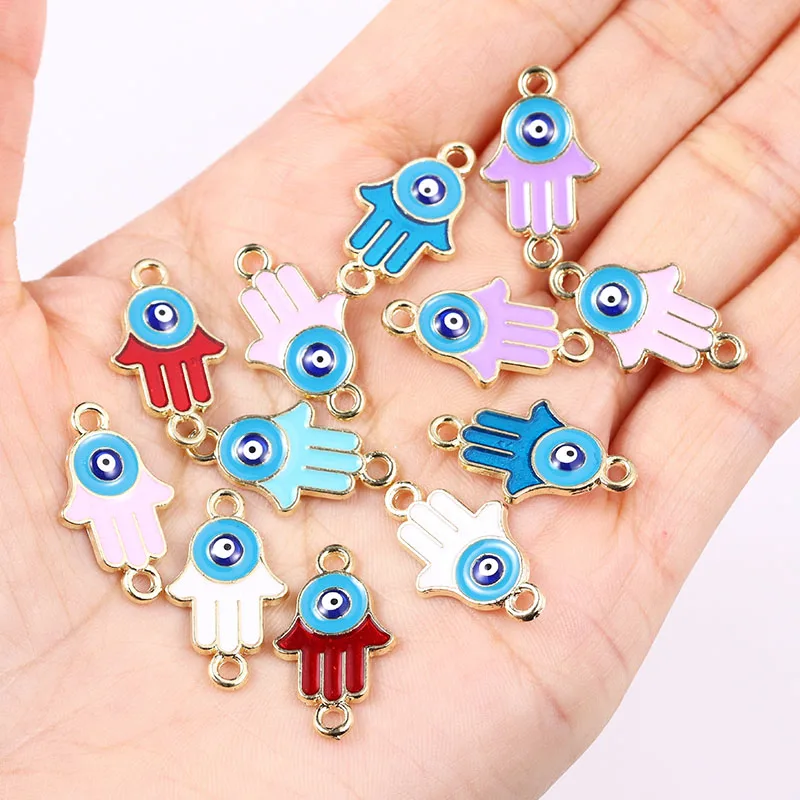 20Pcs/Lots 12*21mm Alloy Enamel Hamsa Hand Pendant Drip Oil Turkish Devil's Eye Charm for Jewellery Making Connector Accessories