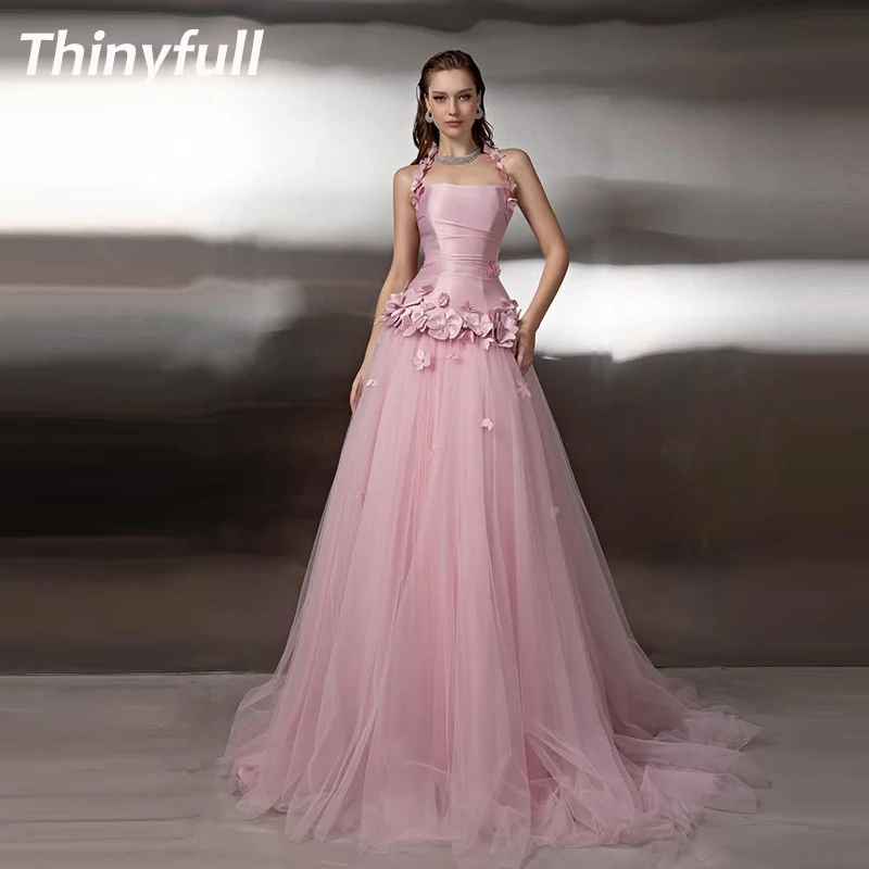 

Thinyfull A-line Arab Prom Dresses Halter Sleeveless Tulle Evening Gown Dubai Formal Occasion Dress robes de soirée Customized