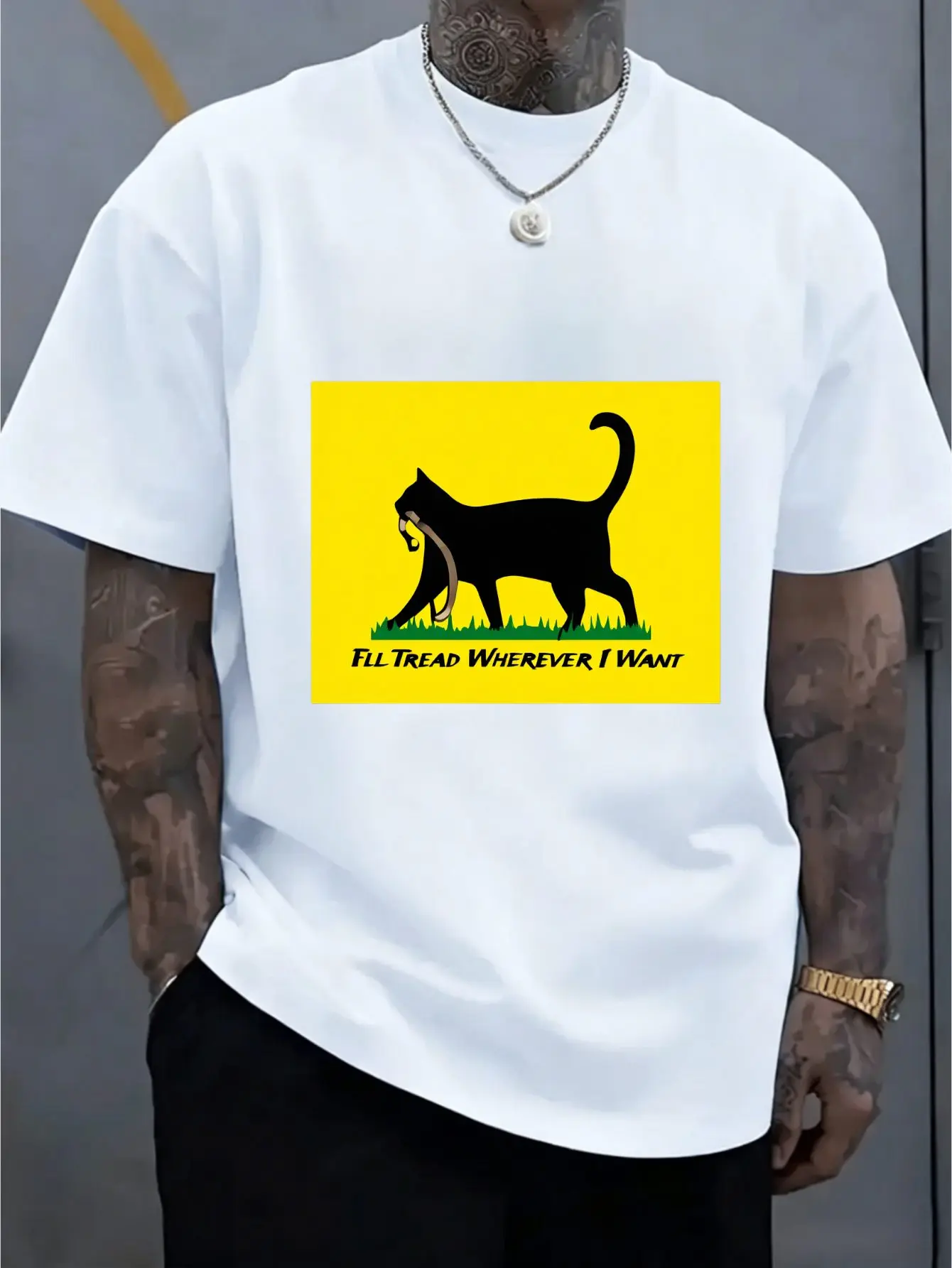 Trendy Mens Cotton Tshirt Minimal Walking Black Cat Holding Leash Graphic Text Short Sleeve Crew Neck Loose Casual Travel Wear