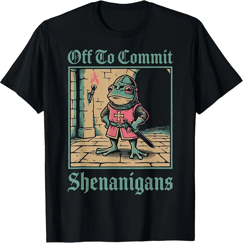 Off To Commit Shenanigans Medieval Frog Knight Funny Vintage Graphic T-Shirt Frog Meme Tee