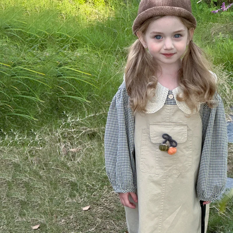 

2025Spring New Girls' Plaid Shirt with Turn-down Collar and Suspender Skirt Two-piece Set Children's Casual Loose Suit