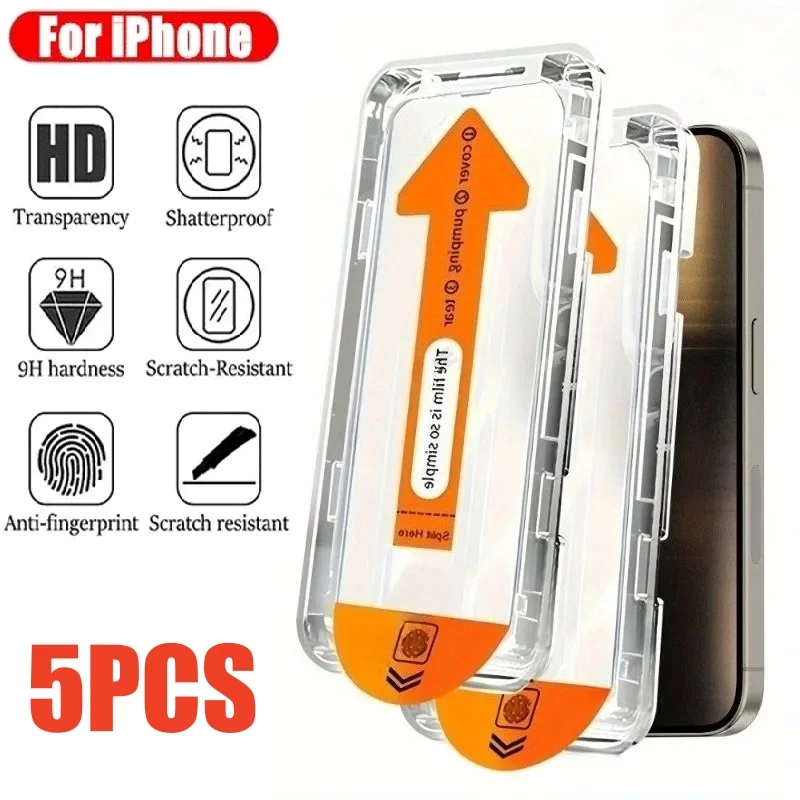 5 قطعة Ultra HD 8K واقي شاشة خالي من الغبار لهاتف iPhone 17 16 15 14 13 12 11 Pro Max 16e Plus 17 صندوق تثبيت سهل من الزجاج الهوائي