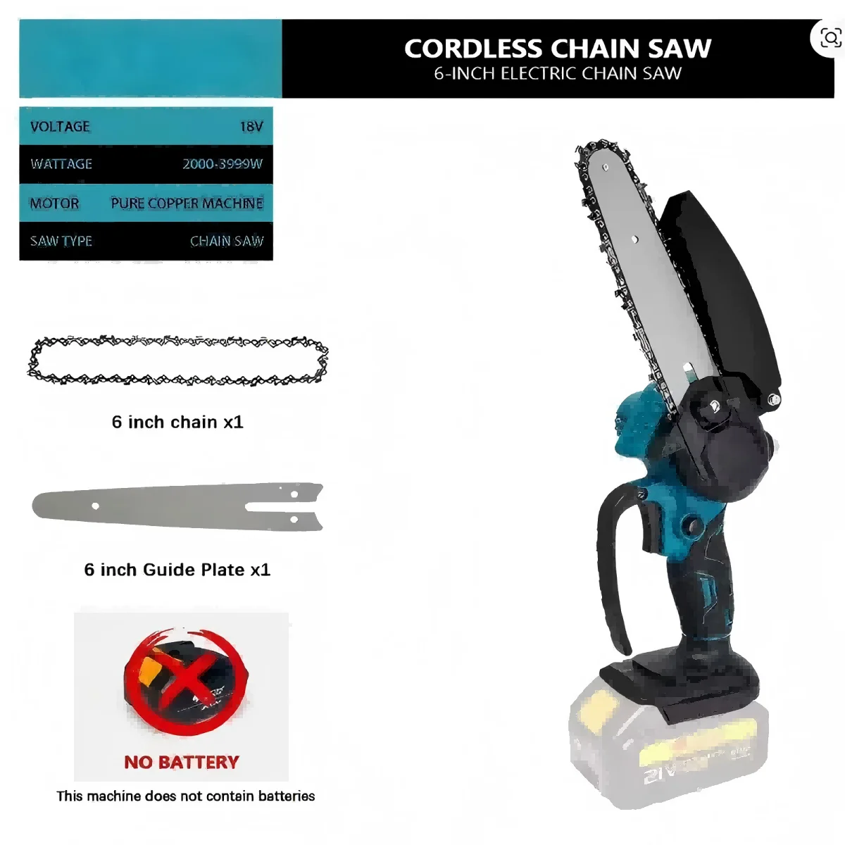 

1700RPM 6 Inch Mini Li-Ion Electric Chainsaw One Hand Portable Electric Saw Fit 18V Makita Battery (No Battery)