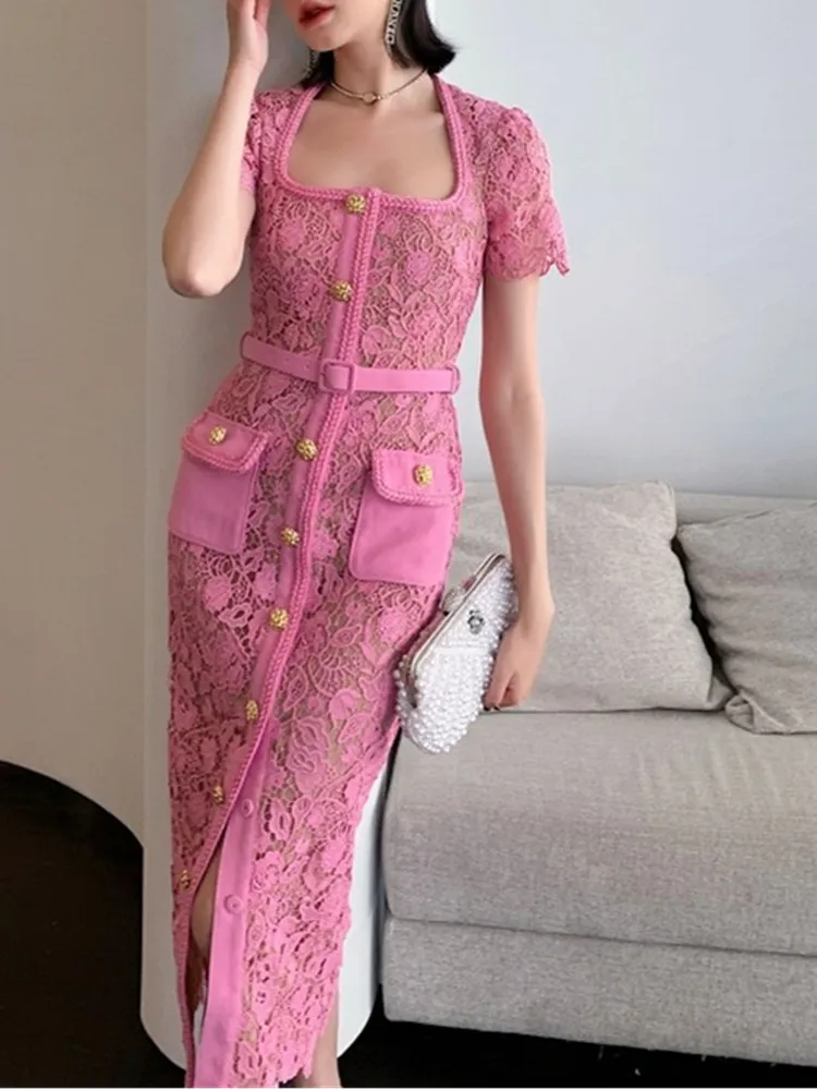 SMTHMA French Vintage Pink Lace Square Neck Gold Button Lace Hollow Out Dress For Women Small Fragrance Summer Dress Vestidos