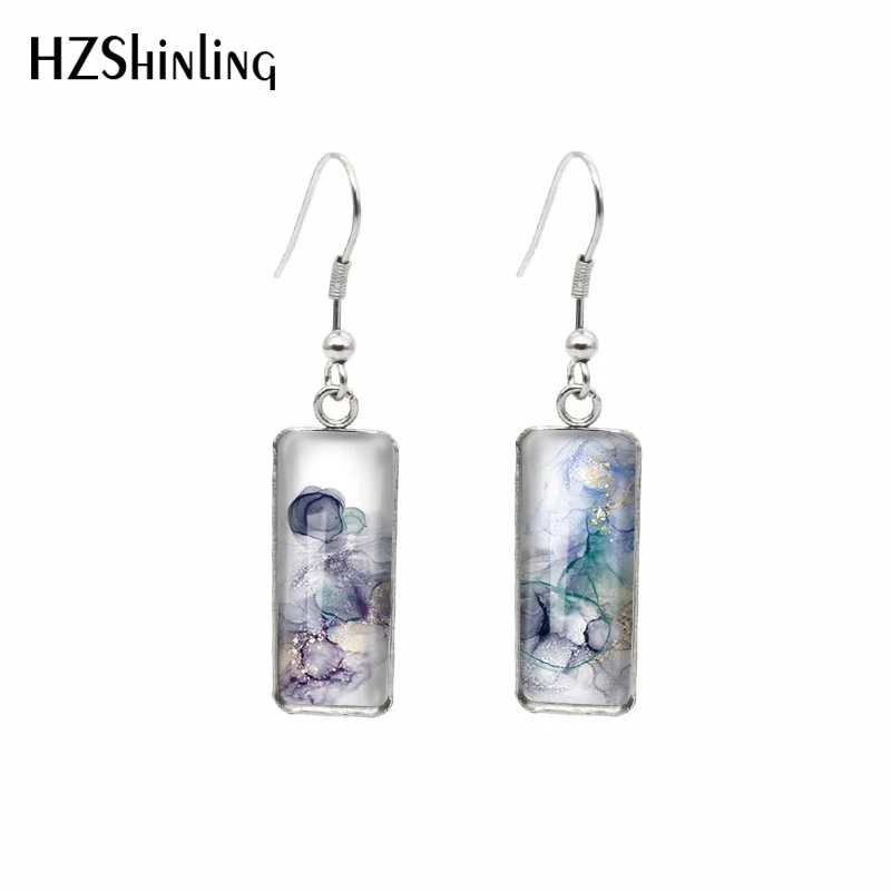 2023 Marble water color Paintings Hoop Earrings Stainless Steel Rectangle Hook Dangle Drop Earrings Glass Cabochon Ear Jewelry