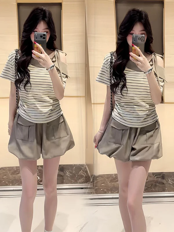 Korean Style Shoulder Bared Stripe Top And Shorts Two Piece Set Summer New Fashion Small Size Women's Complete Outfit