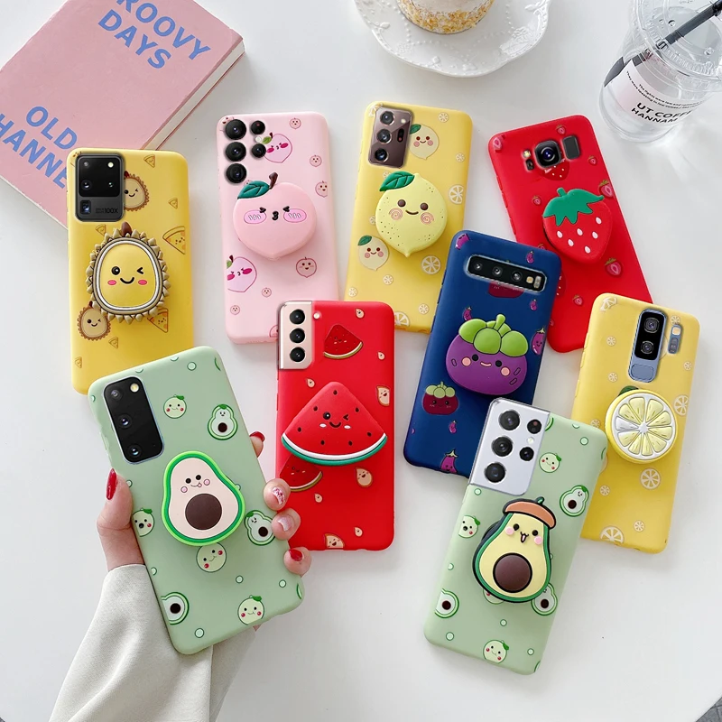 3D Silicone Fruit Phone Holder Case On For Samsung Galaxy S22 S21 S20 FE S 21 20 10 Plus Ultra S21FE S10 S9 S8 Plus Stand Cover