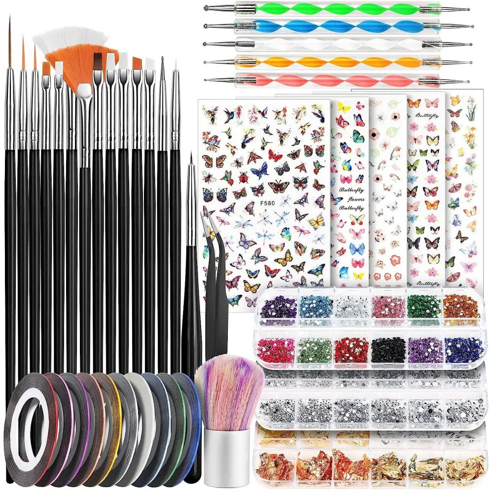 1pc Nail Kit,Set Include 15 Colored Drawing Pens,12 Color 2.0mm Acrylic,5pcs Nail Sticker,Gold and Silver Threads Etc. Nail Tool