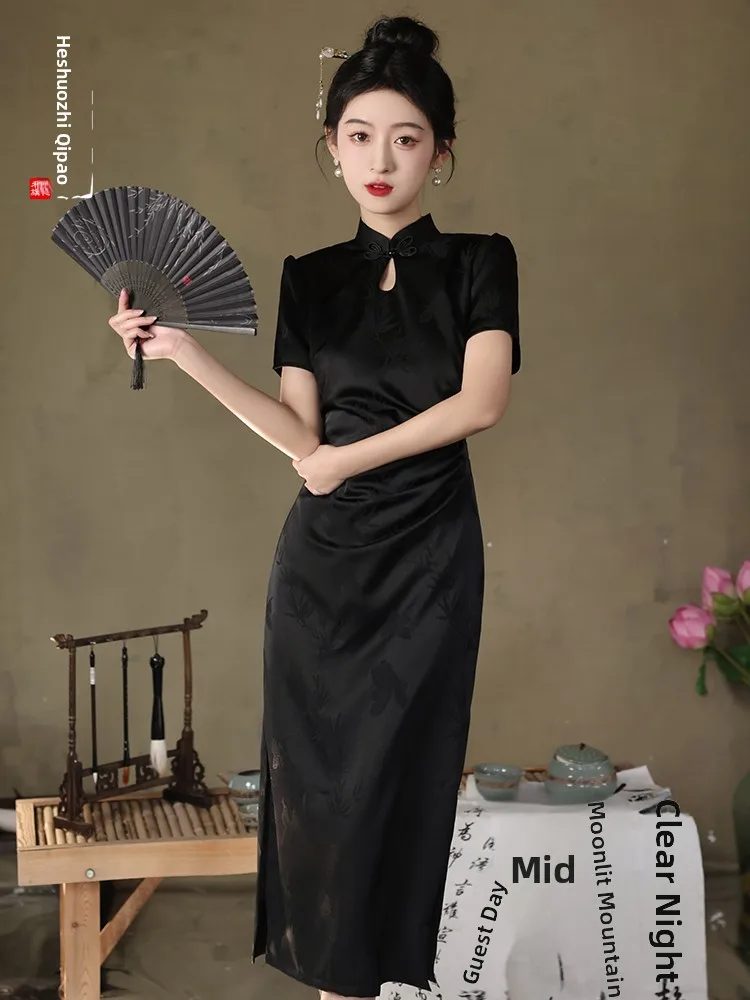 

Bla Embroidered New Chinese Sle Summer Drop-Waist Dr round Collar ort Sve Daily Wear High Slit Long Qipao