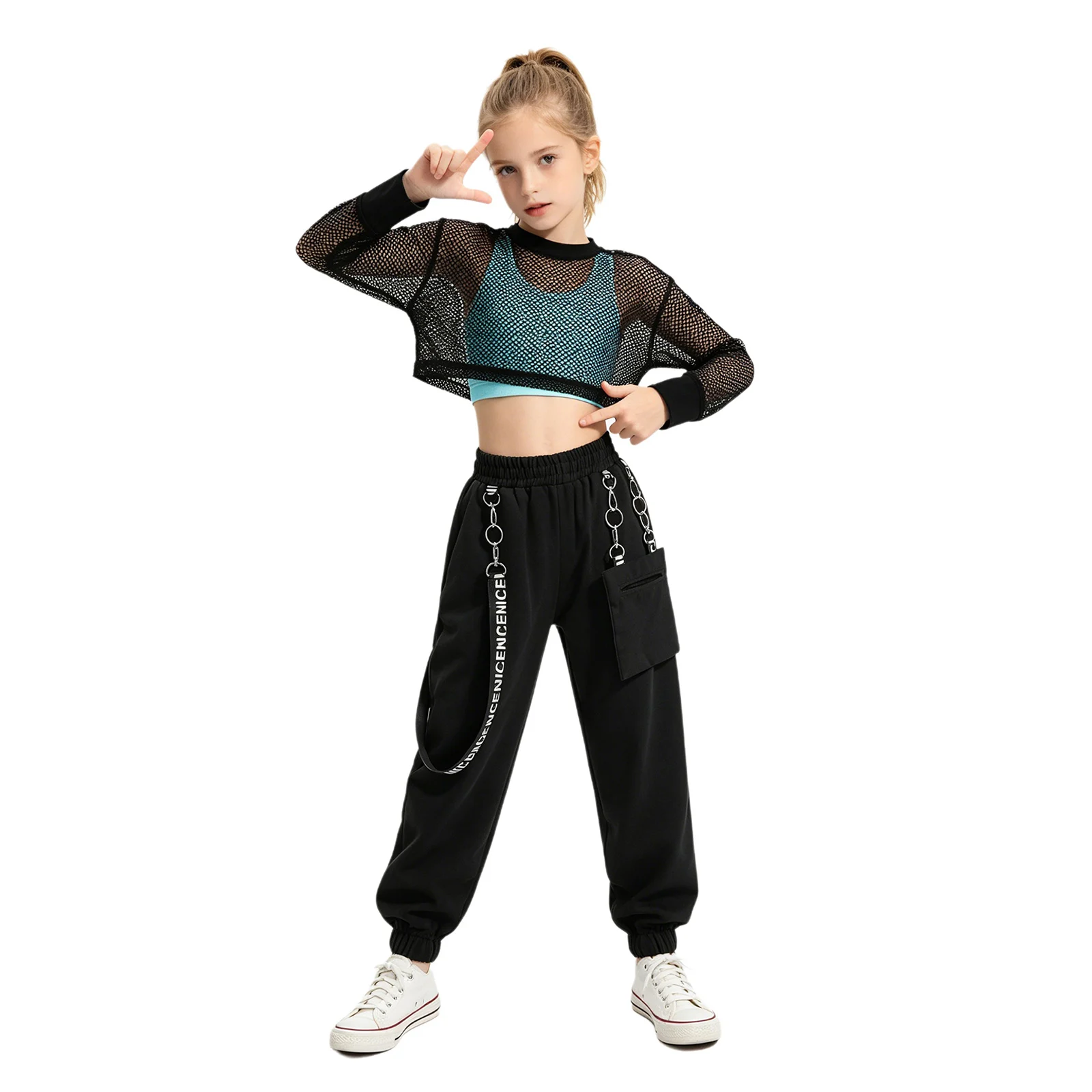 Kinder Mädchen Hip-Hop Jazz Tanz Performance Outfits: Rückenfreies Top mit Cargo-Hose und Mesh Langarm Crop Top Tanzkleidung – Detail 19