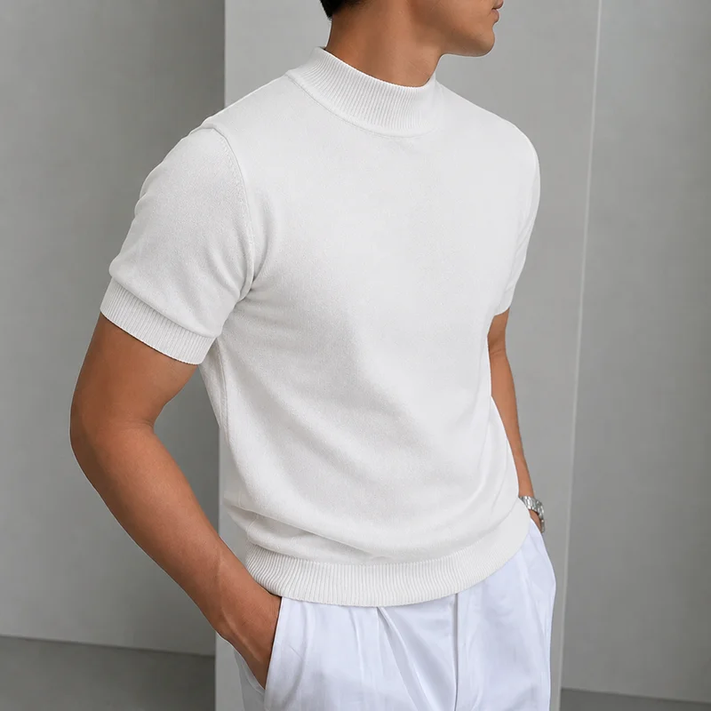 Herren Casual Einfaches Strick-T-Shirt Halbhoher Kragen Weicher Komfort Modisch Einfarbiges Strick-Kurzarm-T-Shirt Mock Neck Pullover – Detail 5