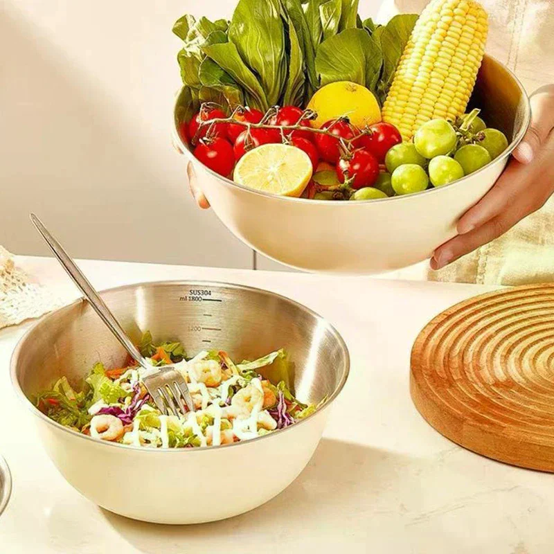 Stainless Steel Mixing Bowls With Measurements, Suitable For Home Use, For Mixing And Kneading, Salads, And Baking Salad Bowl