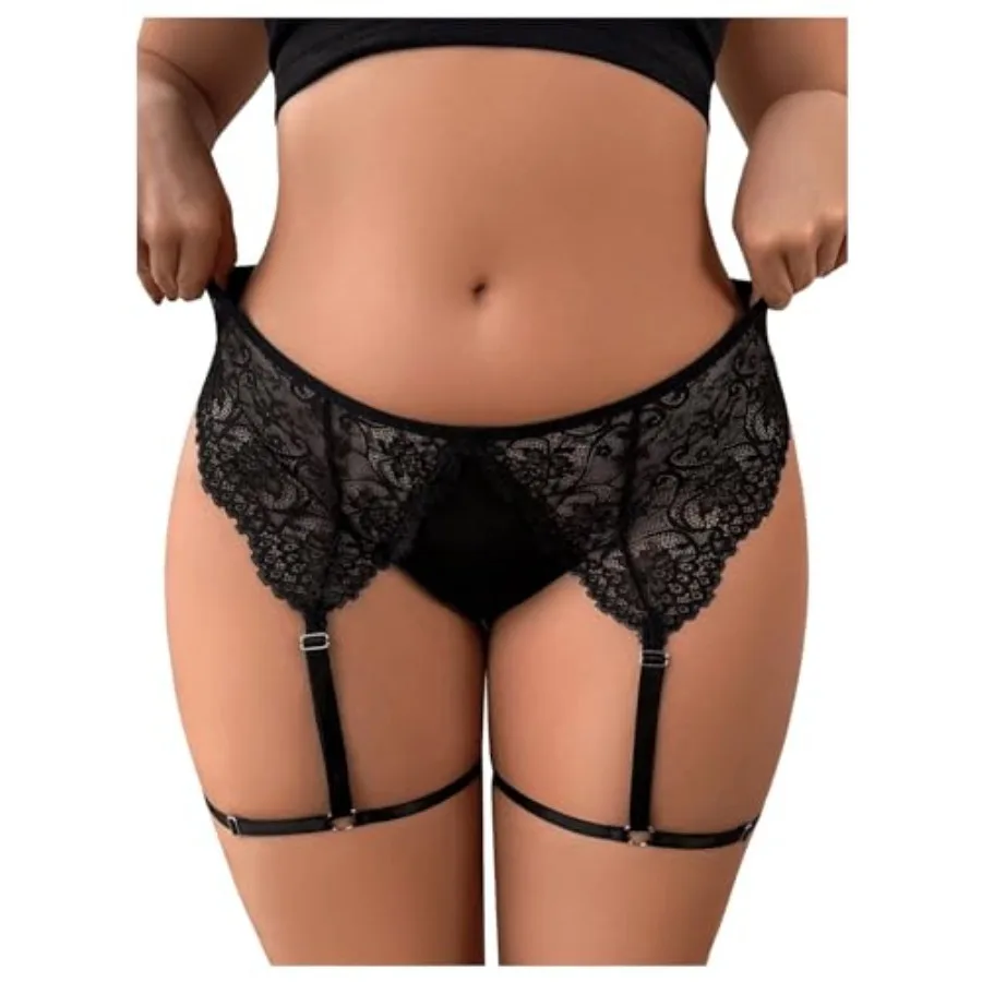 

OYOANGLE Women's Plus Size Sheer Lace Garter Belt Sexy Lingerie Suspenders Panties Scallop Briefs Underwear