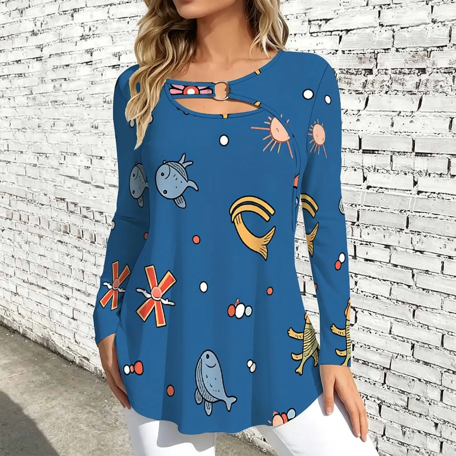 Women Printed Top Keyhole Ring Neck Long Sleeve Flared Hem