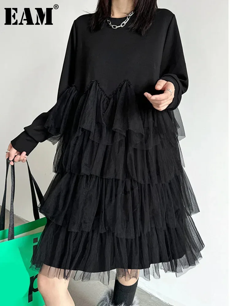 [EAM] Women Black Mesh Spliced Elegant Big Size Mini Dress New Round Neck Long Sleeve Fashion Tide Spring Autumn 2024 1DH6860