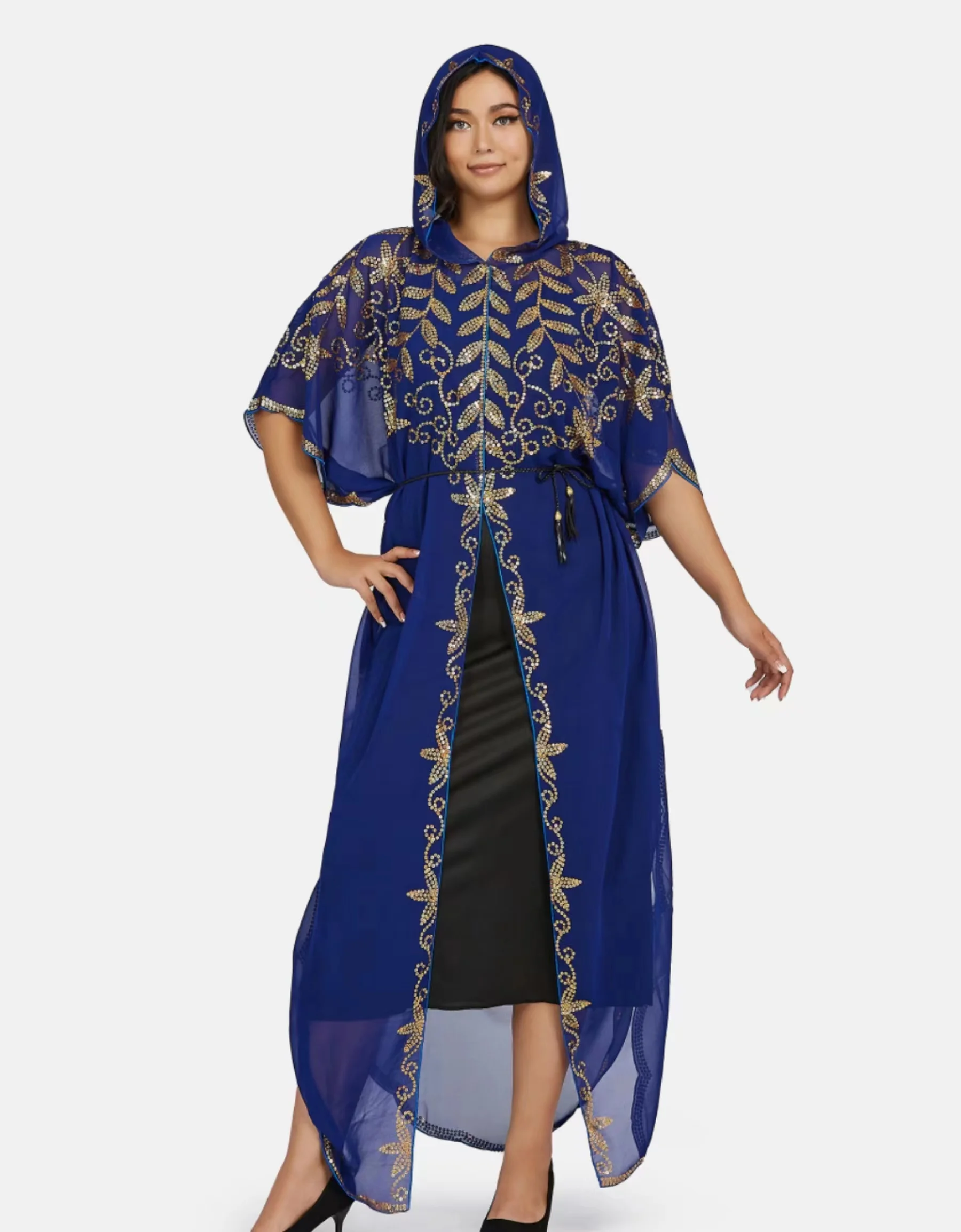 Women'S Fashion Classic African Chiffon Fabric Sequins Loose Hooded Long Dress Free Size For Quick Delivery