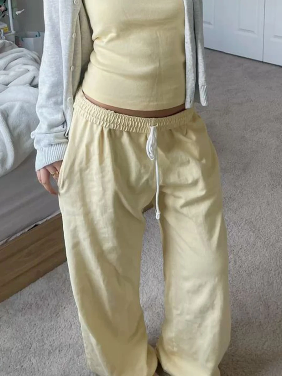 

Light Yellow Drawstring Straight Sweatpants Women Autumn Elastic Waist Cotton Trousers Casual Simple Cute Sport Loose Long Pant