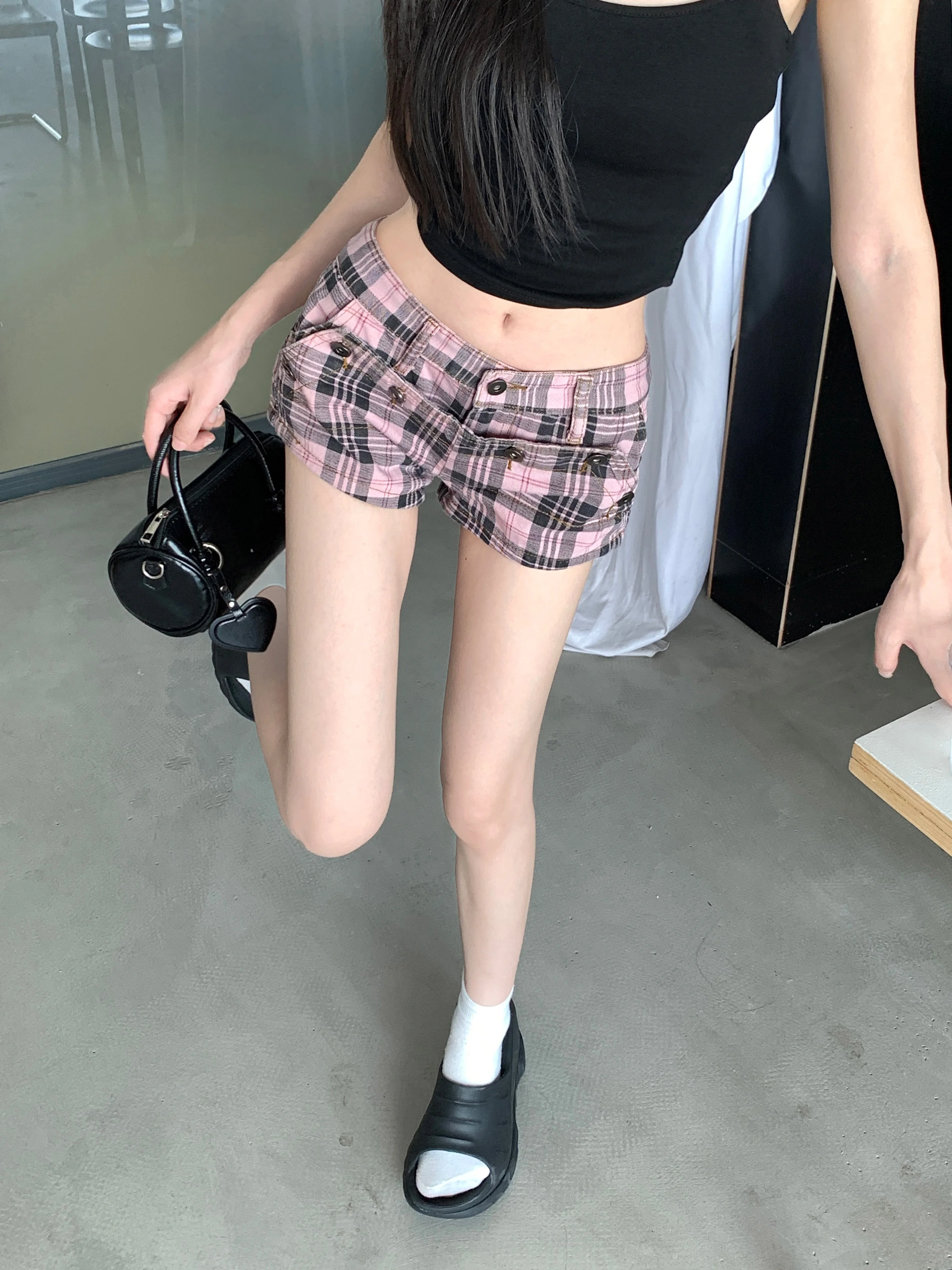 Women's Pink Washing Checked Denim Shorts Hip-Hop Y2k New American Street High Waist Hot Girl Slim And Wide-Leg Hot Pants Trendy