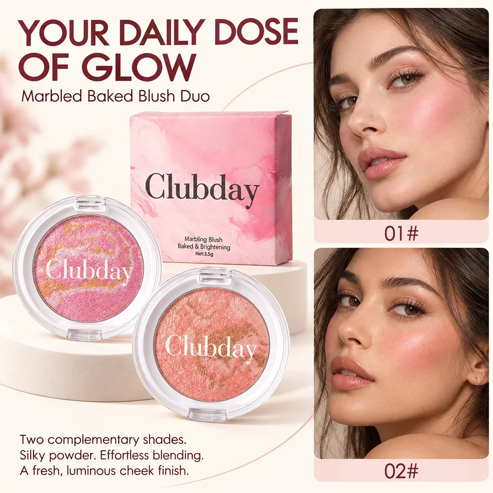 Marbled Baked Blush Duo, 2Pcs Swirl Blush Powder, Silky Blendable Cheek Makeup, Dewy Luminous Finish for Daily Makeup