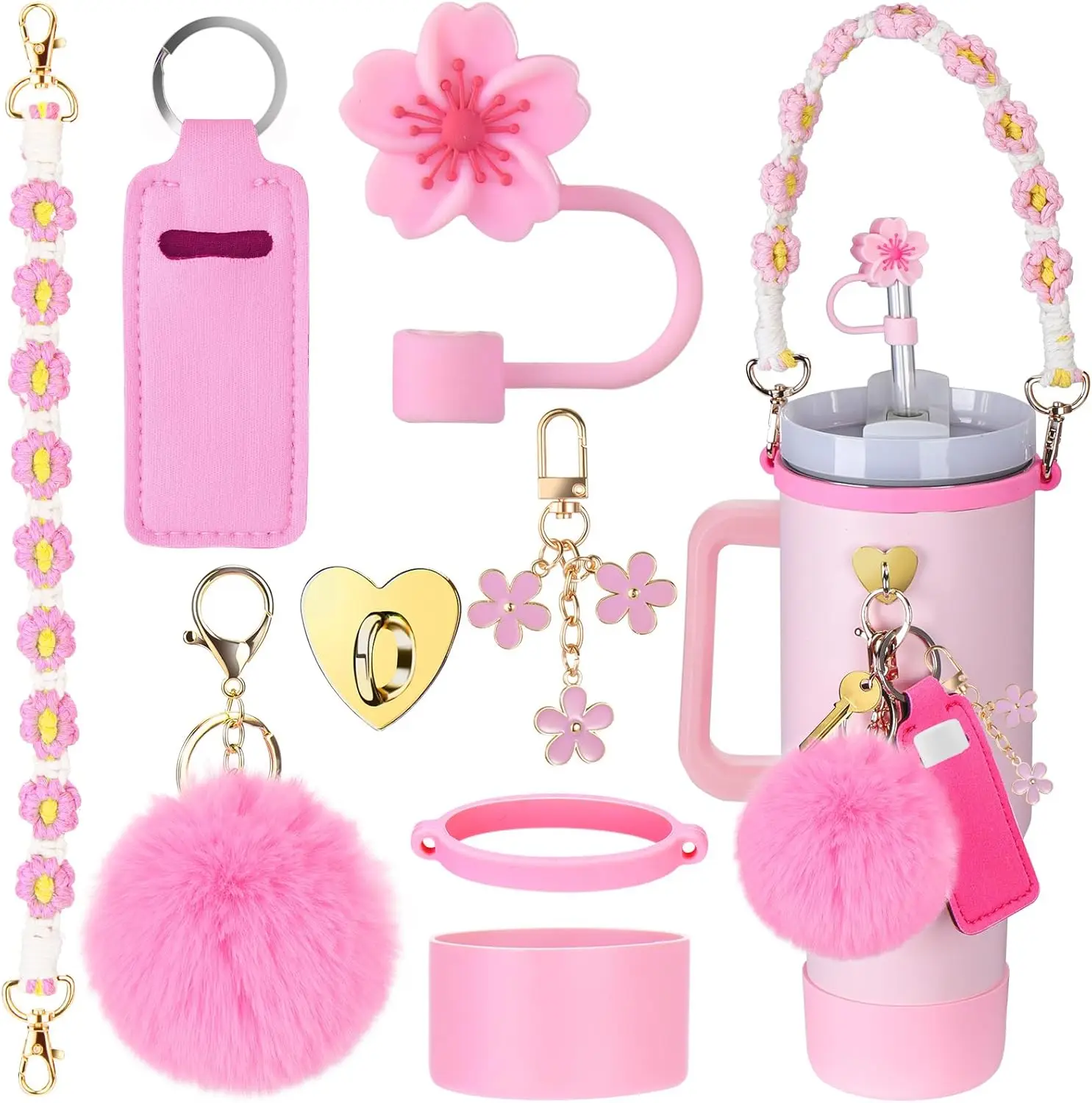

7pcs Cup Accessories for Stanley 30 40oz Tumbler with Handle Strap Chapstick Holder Boot Keychain Charms Straw Topper Cover Cap