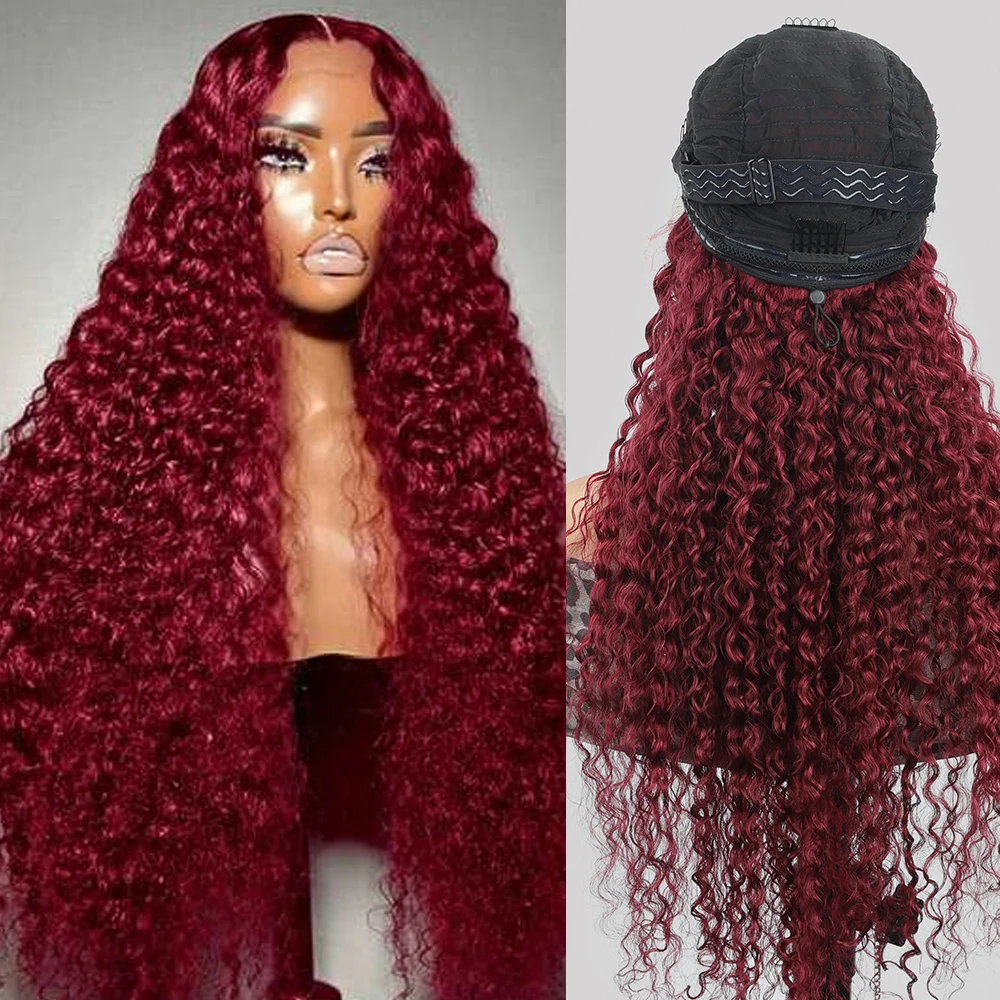 32Inch Deep Water Wave Human Hair 99j Burgundy Glueless Wigs with Drawstring Pre Plucked 13x4 Lace Frontal Wigs for Black Women