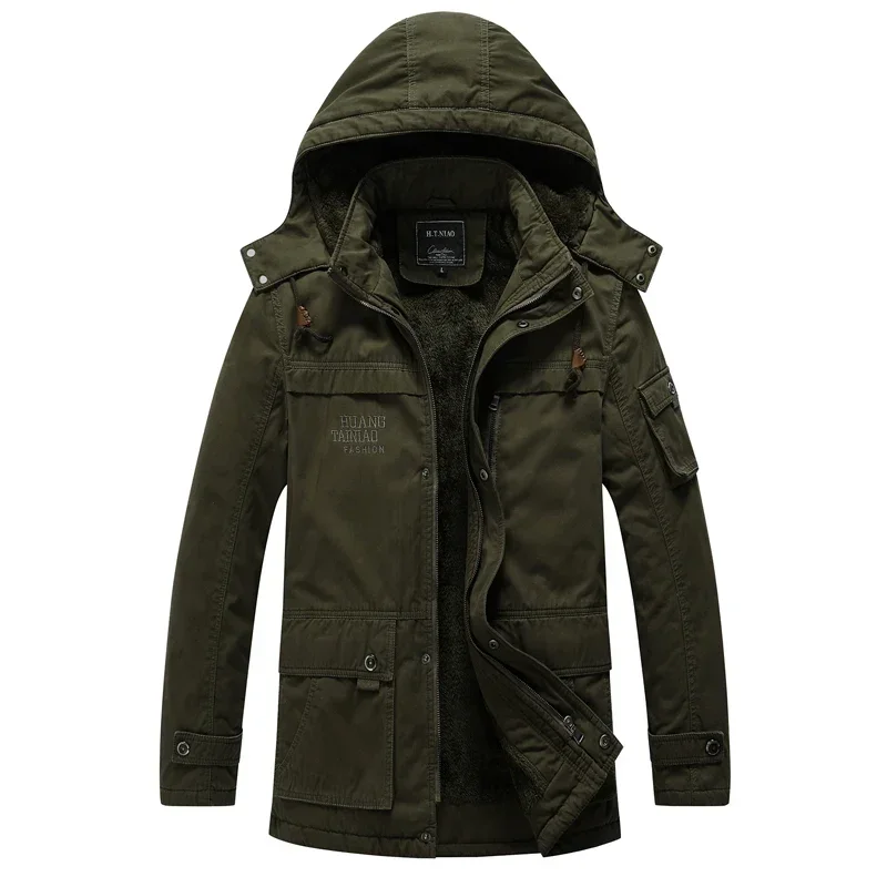 Military Thick Warm Man Jacket Fleece Mens Clothing Bomber Oversize Windbreaker Hooded Winter Mid-length Jackets Men Military