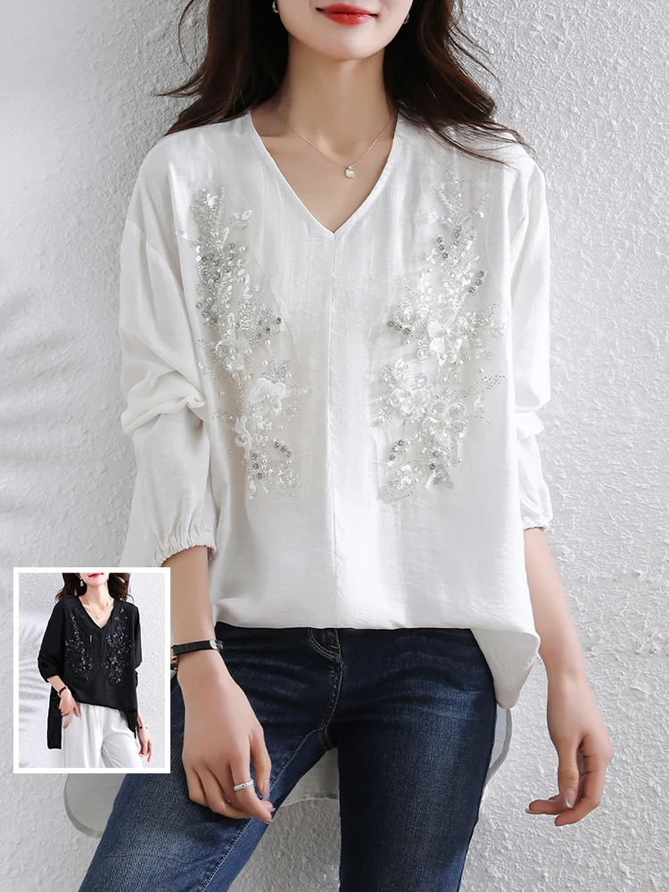 

Новая модная блузка в китайском стиле с пайетками, длинным рукавом и V-образным вырезом, повседневная, универсальная, стройнящая, для полных женщин, весна