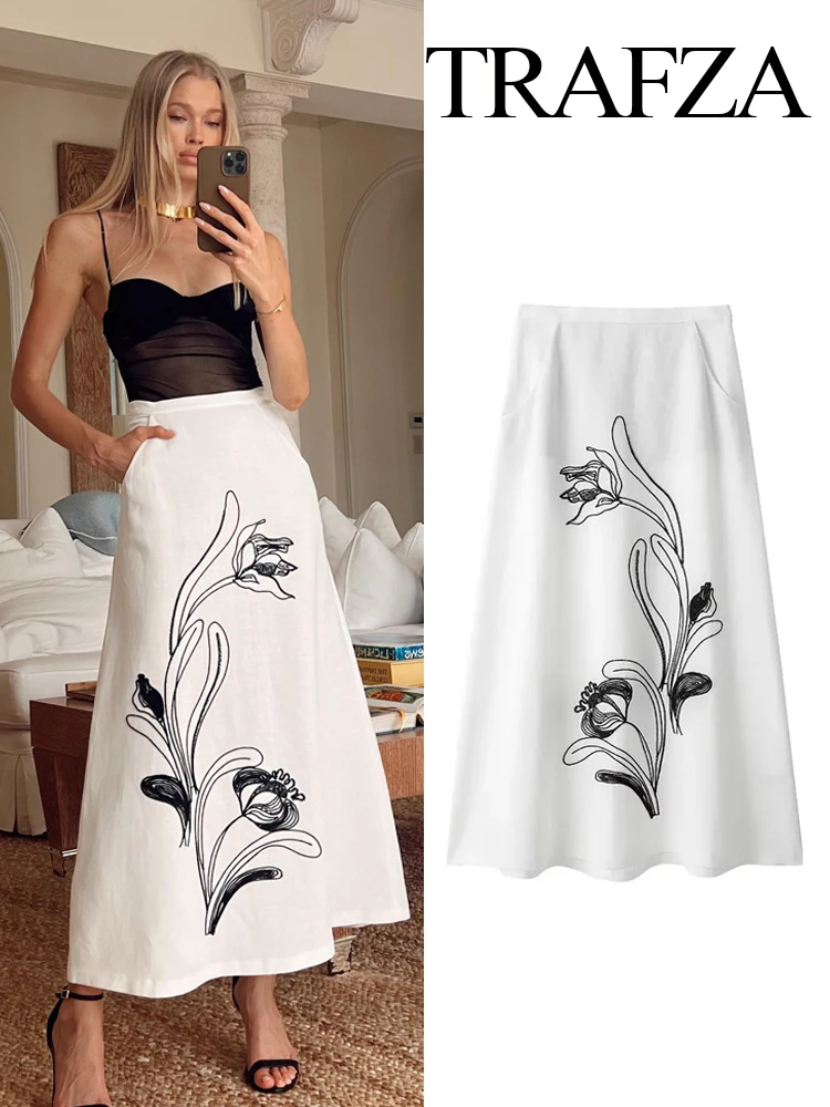 

TRAFZA Women Fashion Skirts White Printing High Waist Pockets Embroidery Decorate Zipper Female Summer Casual Long Skirts TRAF