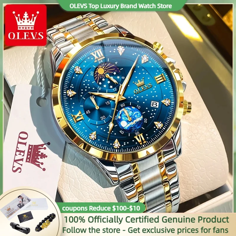 OLEVS 9807 Men\'s Watch Fashion Classic Luxury Moon Phase Waterproof Chronograph Starry Sky Dial Brand Original Men Quartz Watch