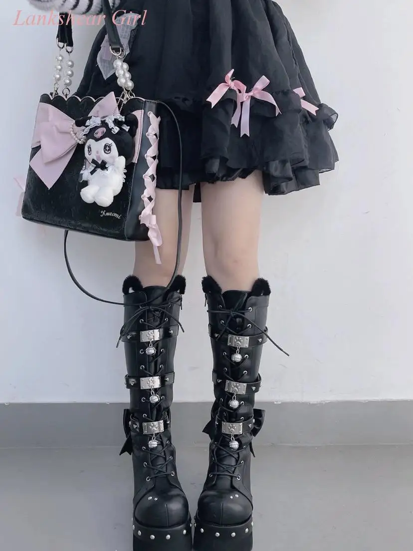 

Black and White Color Matching Lolita Sweet Hottie Punk Goth Style Boots Round Toe Silver Buckle Decorated Women's Boots