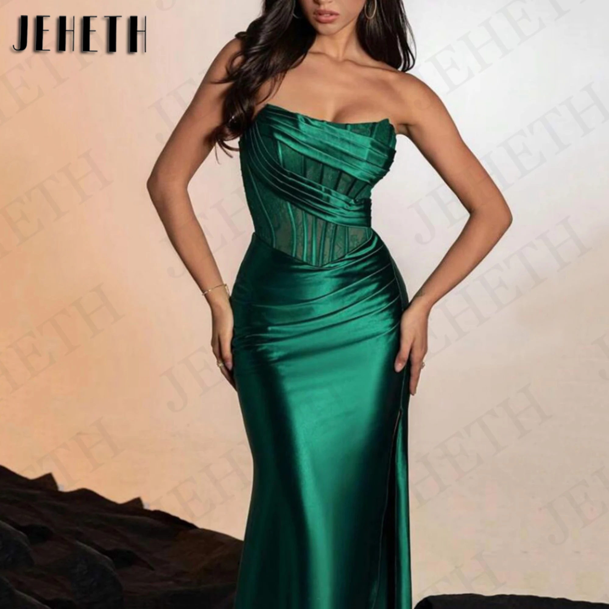 JEHETH Mermaid Sexy Satin Evening Dresses Woman Elegant Green Strapless Split Celebrity Dress Floor Length vestidos de fiesta