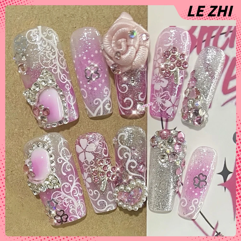 

Pink Romantic Roses White Vines Design Press On Nails Art Handmade Sparkle Powder Diamonds DIY Rose Flowers Square Shape Nails