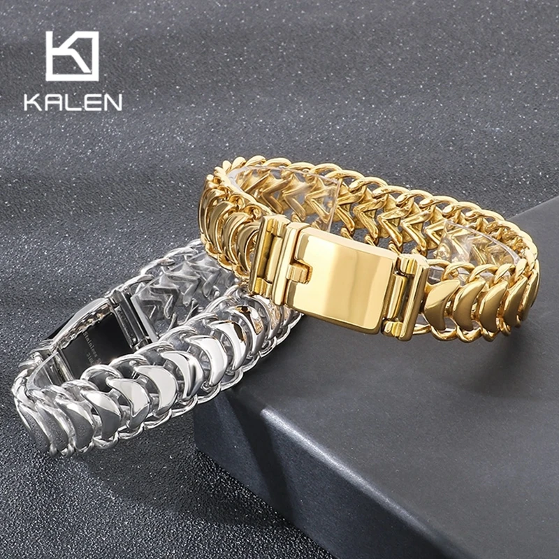 Kalen perhiasan trendi Hip Hop, gelang rantai baja tahan karat, panjang 19-22cm, aksesori warna emas poles, perhiasan trendi, Chunky