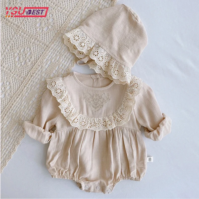 

Infant Baby Girl Romper Cotton Lace Embroidery Rompers +Hat Long Sleeve Newborn Rompers Baby Onepiece Fashion Baby Girl Clothing