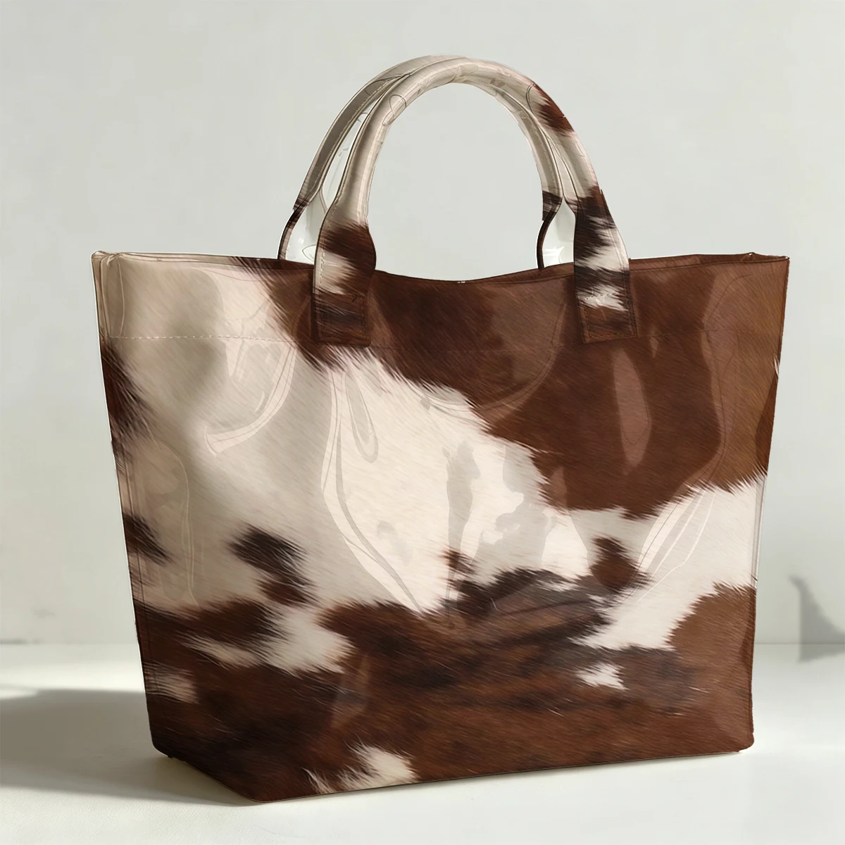 Brown & White Cowhide PVC Tote Bag Waterproof Transparent Jelly Bag Beach Bag Tote Pouch Bow Handbags Storage Bag