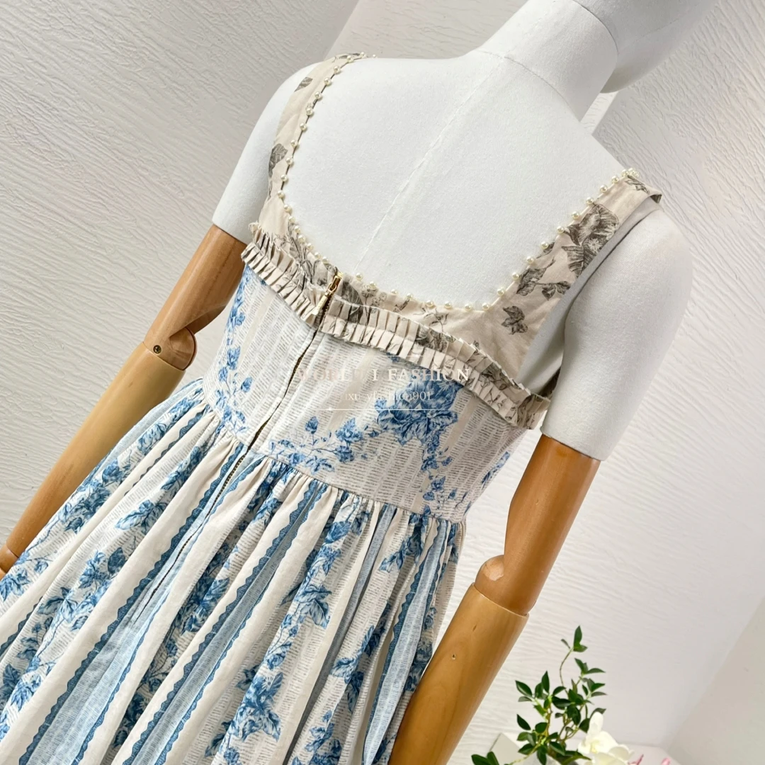 

2025 New Light Blue Floral Print Sleeveless Pearls Midi Dress Streetwear