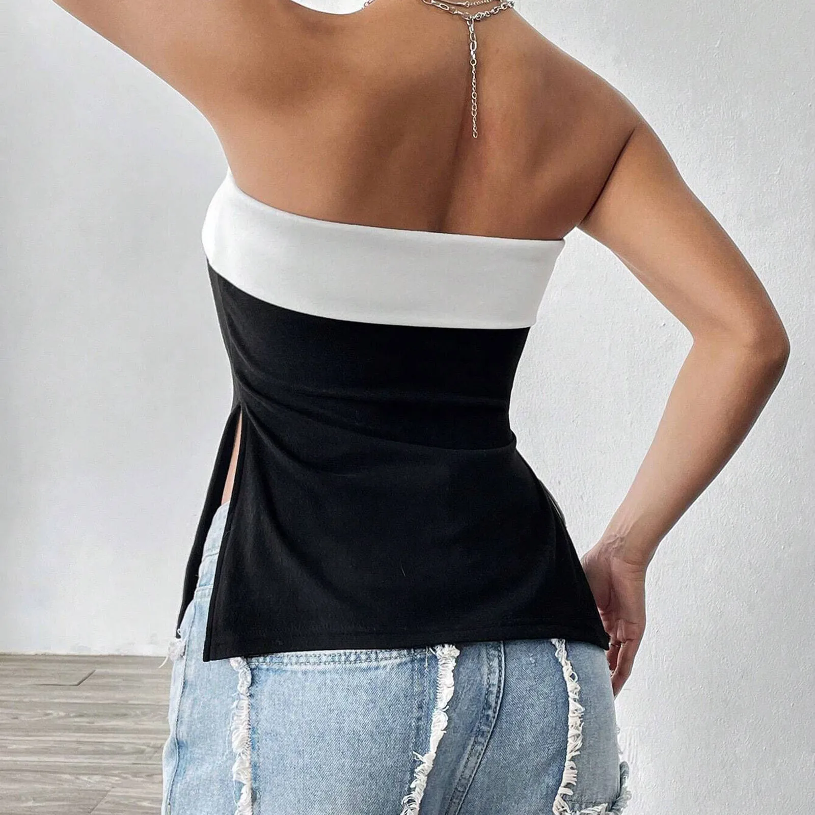 

2025 Women's Elegant Contrast Color Tube Tops Patchwork Sleeveless Off Shoulder Open Fork Strapless Side Split Bandeau
