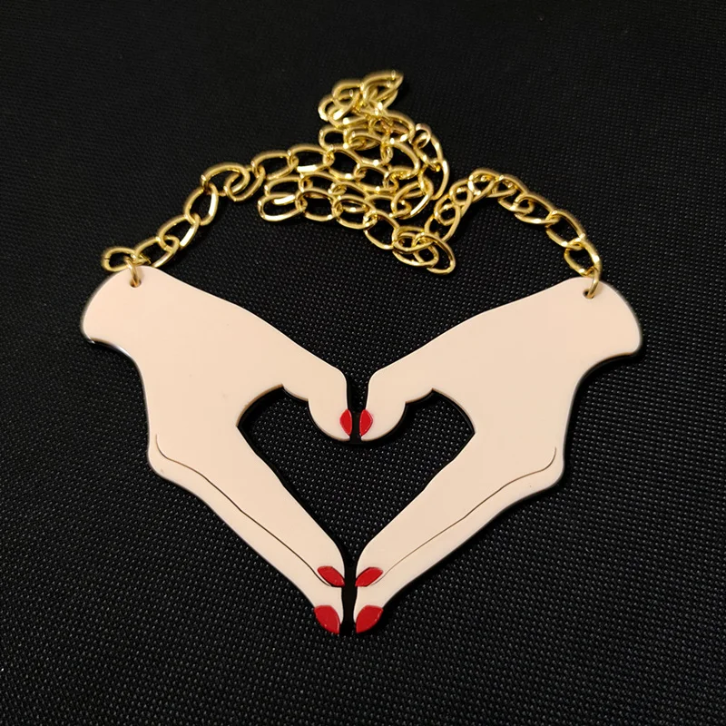 KUGUYS Fashion Jewelry Women Acrylic Hand Finger Heart Large Pendant Necklace Sweater Link Chain HipHop Rock Necklaces