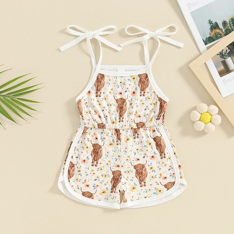 2024-03-06 Lioraitiin Kid Baby Girl Western Shorts Romper Dress Floral Cattle Print Sleeveless Sling Tie-Up Overalls Jumpsuit