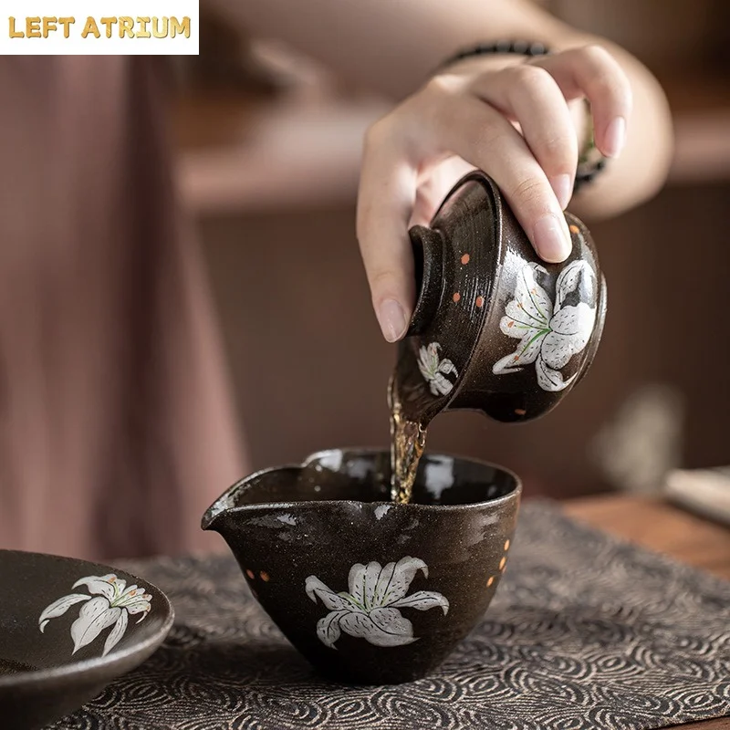 1PC Coarse Pottery Hand-painted White Lily Cover Bowl Japanese Household Ceramic Tea Bowl Tea Dispenser Uniform Cup Pot Bearing - view 6
