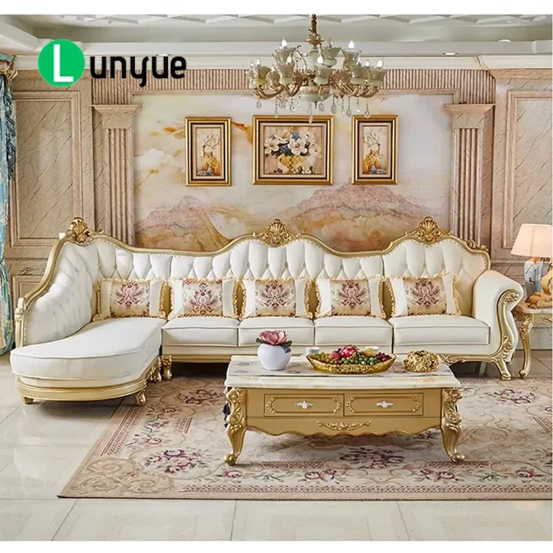 European Leather L Shaped Corner Sofa High End Solid Wood Carved Floral Design Light Luxury Sectional for Apartment Living