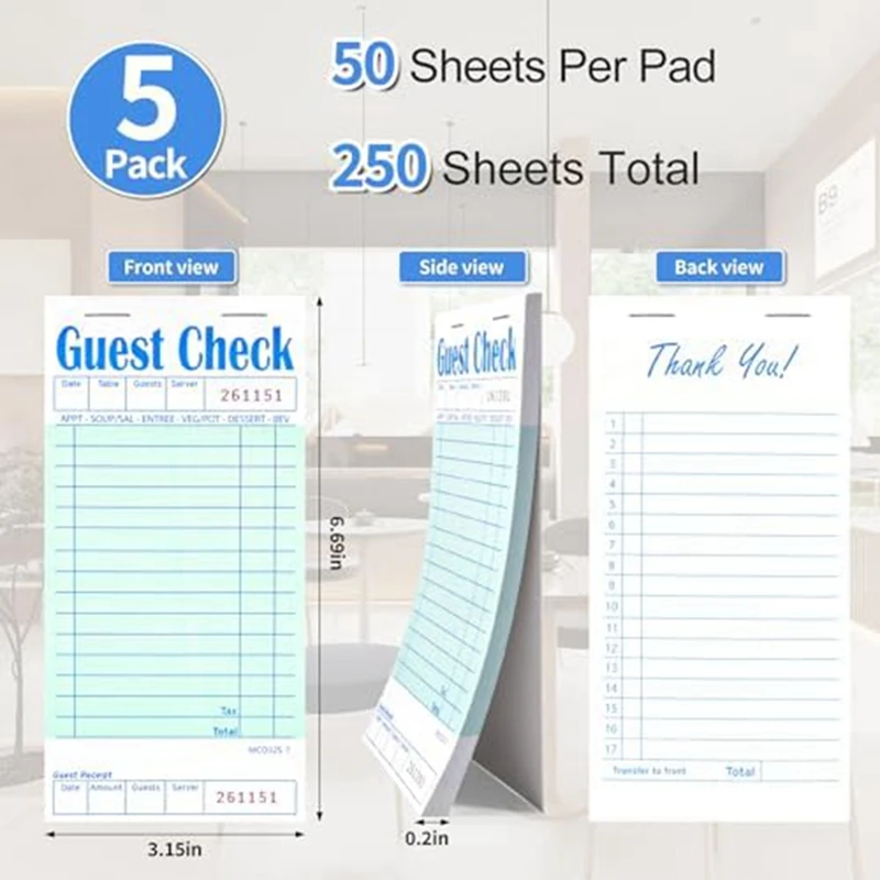 5 Pack Guest Check Books, Server Note Pads for Restaurant, Green Waiter Checkbook, Restaurant Order Pad 50 Sheets/Pack-A69M view 3