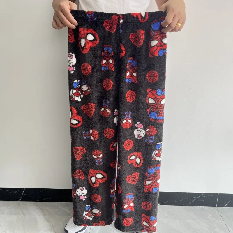 2024 novo homem aranha calças de dormir anime olá kitty calças de pijama flanela macia calças casuais dos desenhos animados casa calças presentes casal