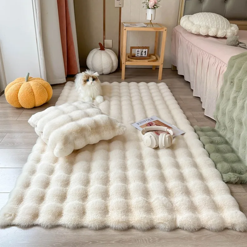 Luxury Fluffy Faux Rabbit Fur Area Rug Bedroom Bedside Soft Floor Mat Nordic Plush Anti Slip Rug for Kid Room Sofa Cushion Decor