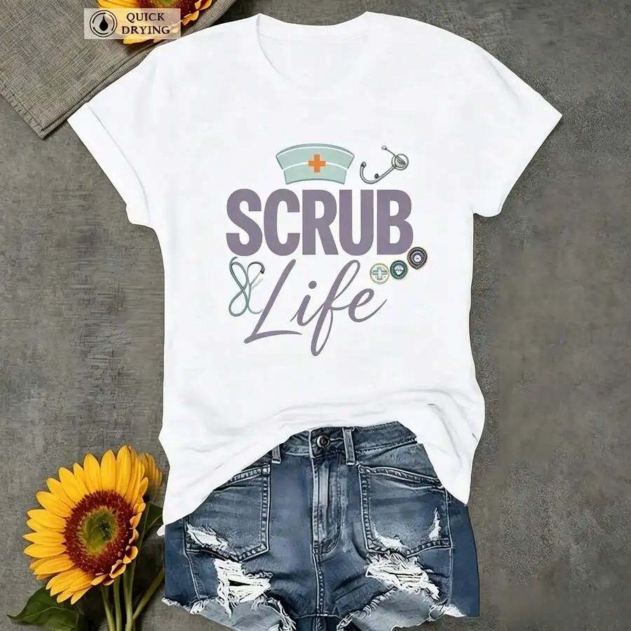 Scrub Life Stethoscope Nurse Cap Print Tee For Women, Soft Crew Neck Short Sleeve Casual Nurse Graphic T-Shirt