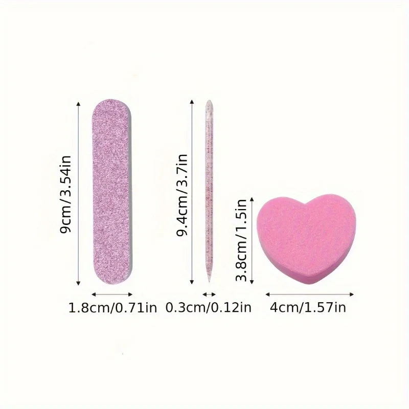 ピンクグリッターネイルケアキット12点セット - ハート型バッファ、クリスタルロッド、ネイルアートとペディキュア用の両面ファイル