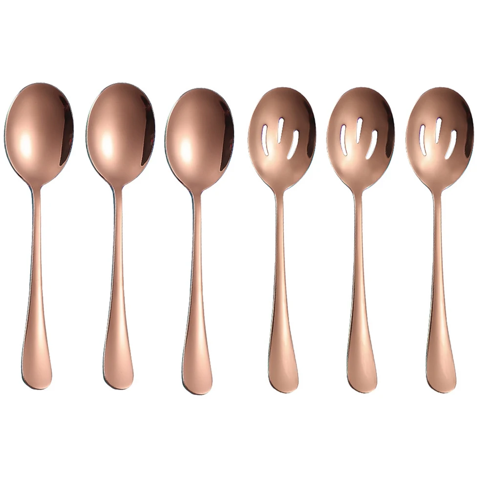 6pc Stainless Steel Gold Serving Spoons Set Slotted & Solid Spoon For Buffet Party Banquet Dinner Soup Spoon Tablespoon Kitchen
