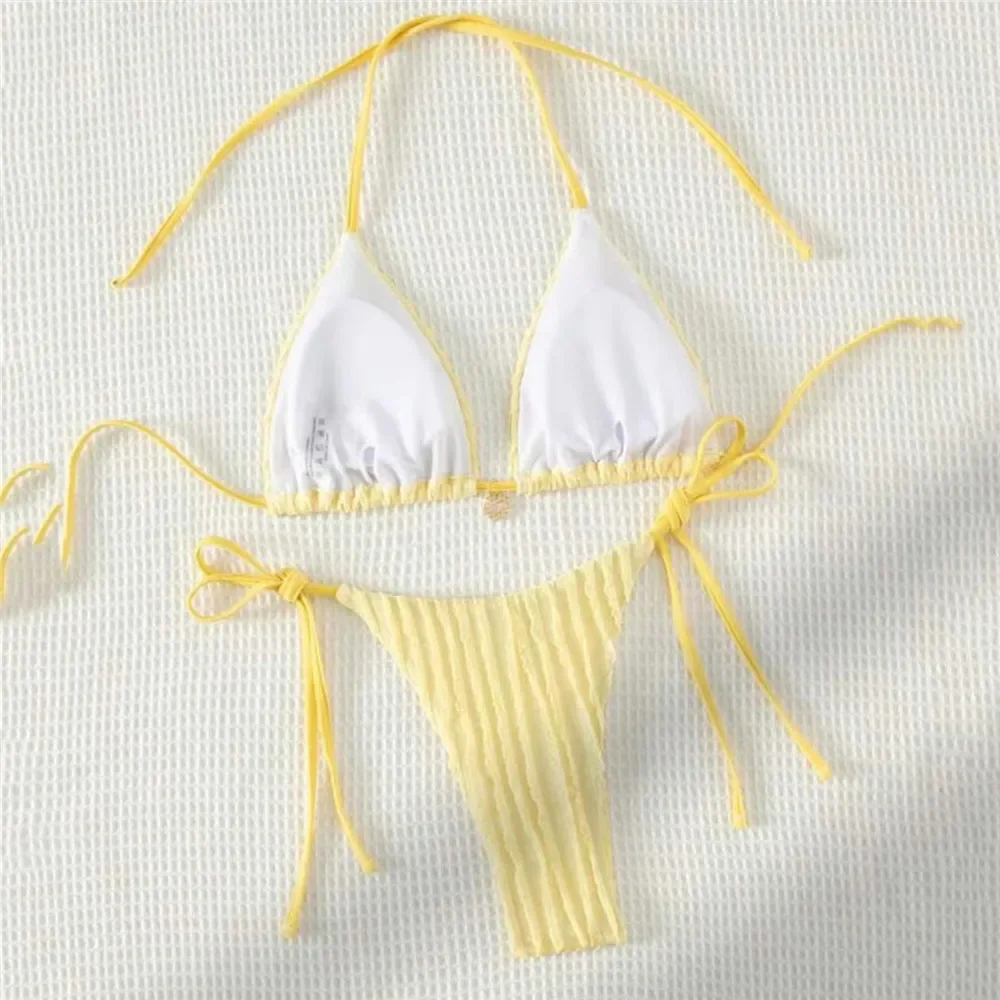 Triangle Micro Bikini for Women Yellow String Halter Thong Sexy Swimsuit Heart Bead Swimwear Bathing Suit Mini Bikinis Sets 2025