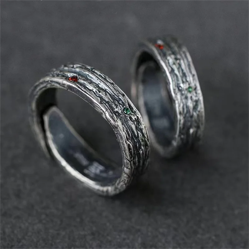 Charming S925 Ring Male Finger Accessories Personality Wood Branch Pattern Men Ring Adjustable Opening With Red Green Stone