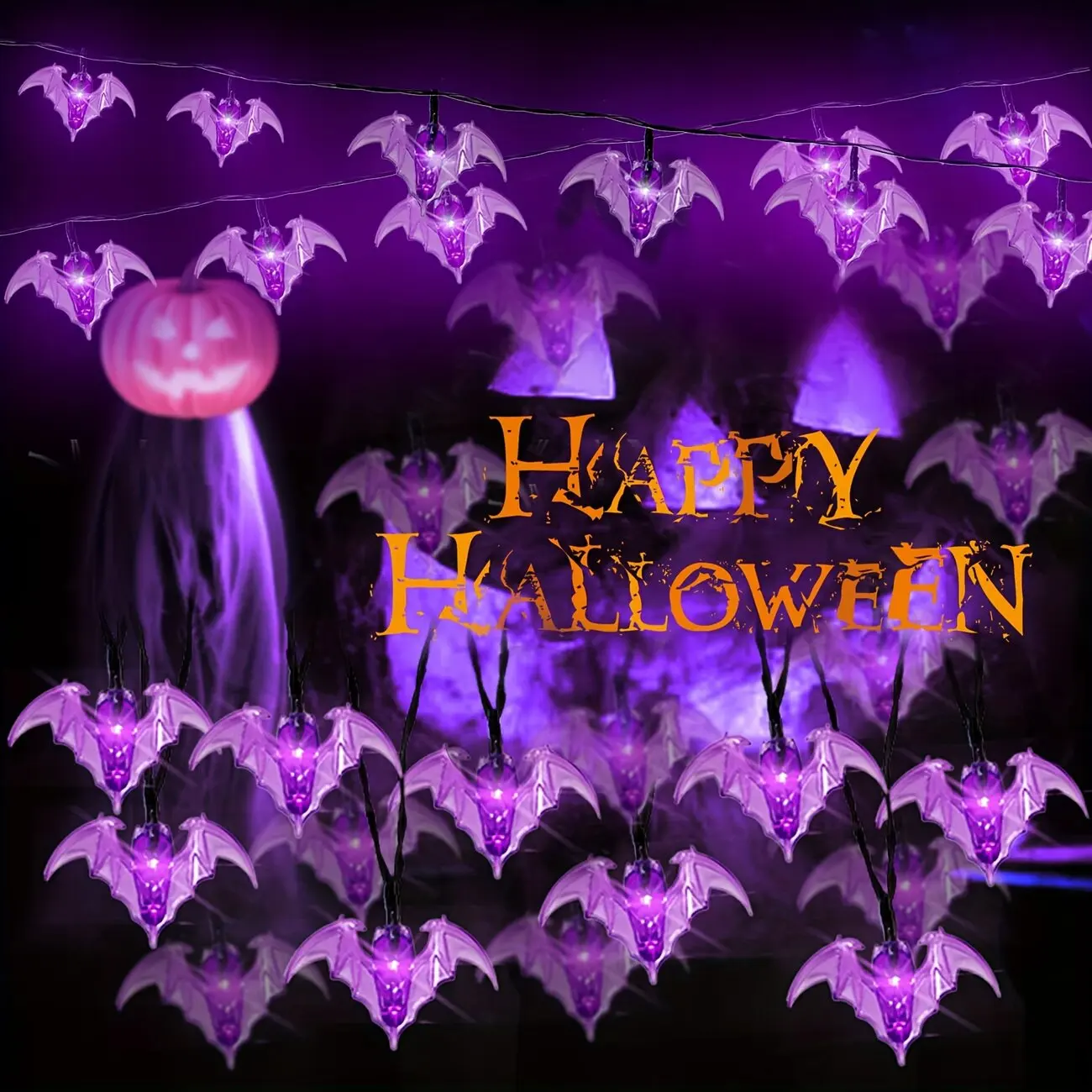 1PC Halloween Purple Bat String Lights,10/20/40 LED Decoration Lights,Battery Powered (No Plug)